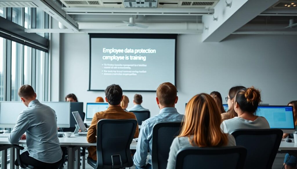 A brightly lit office setting, with desks, computers, and a large projection screen displaying employee data protection training material. In the foreground, a group of attentive office workers engage in a training session, their faces expressing a mix of interest and focus. The middle ground features ergonomic chairs and modern furniture, creating a professional and organized atmosphere. The background showcases floor-to-ceiling windows, allowing natural light to flood the space and creating a sense of openness and transparency. The overall mood is one of diligence, education, and a commitment to safeguarding sensitive information.