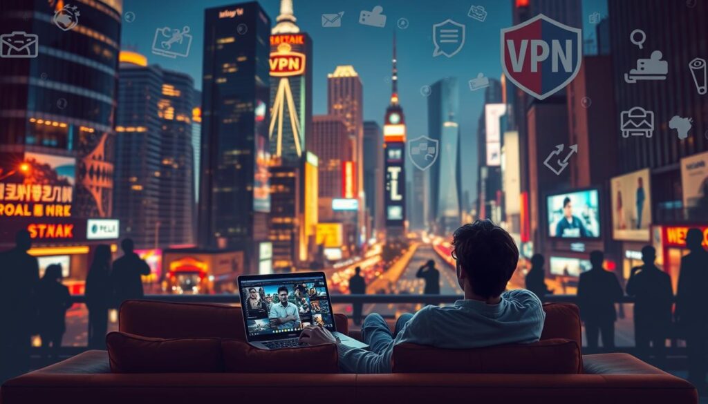 A bustling cityscape with towering skyscrapers and a vibrant nightlife, illuminated by the warm glow of streetlights and neon signs. In the foreground, a person sitting comfortably on a couch, laptop open, streaming content effortlessly through a secure VPN connection. The scene radiates a sense of freedom and accessibility, with the VPN unlocking a world of online entertainment beyond geographical restrictions. The background is filled with symbolic representations of censorship, such as icons and silhouettes, conveying the ability of the VPN to bypass such limitations. The overall atmosphere is one of modern technological empowerment and the liberating benefits of a virtual private network for streaming and online exploration.