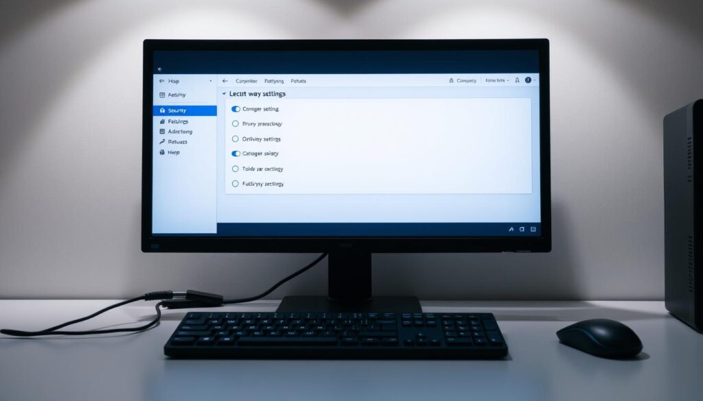 A clean, minimalist workspace with a desktop computer, keyboard, and mouse. The screen displays various security settings options, with toggles, sliders, and drop-down menus. Soft, diffused lighting from overhead illuminates the scene, creating a serene and focused atmosphere. The desktop is clutter-free, allowing the user to concentrate on optimizing their privacy and security. The color palette is muted, with shades of gray, blue, and white, conveying a sense of professionalism and control. The overall composition emphasizes the importance of carefully configuring one's digital security settings to protect personal information and online activity.