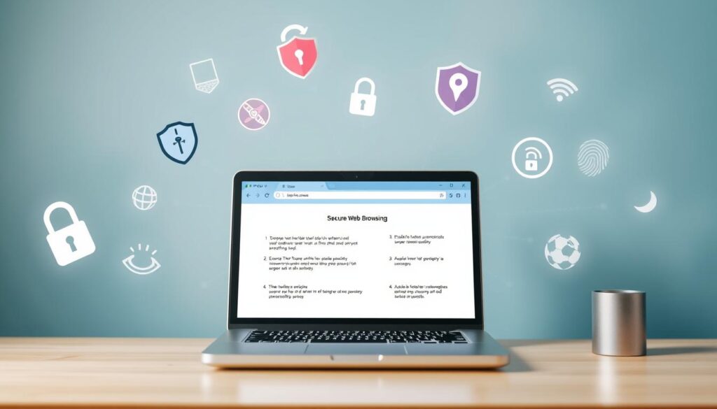 A clean, well-lit desktop with various cybersecurity icons and symbols floating around, including a locked padlock, a shield, a key, and a fingerprint. In the center, a laptop with an open browser window, highlighting different tips and best practices for secure web browsing, such as using a VPN, enabling two-factor authentication, and avoiding public Wi-Fi. The background is a soft, blurred gradient of blues and grays, creating a sense of digital security and protection. The overall scene conveys a balanced, informative, and visually engaging representation of effective strategies for secure internet browsing.