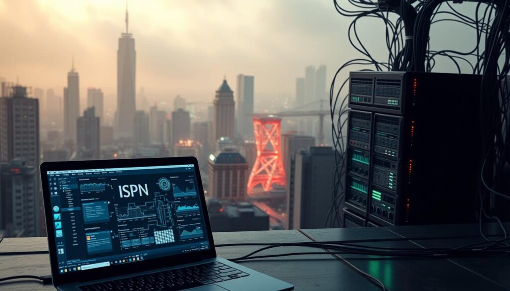 A complex computer network spanning across a cityscape, with a central server monitoring various devices and connections. In the foreground, a laptop screen displays a VPN connection, while the ISP's network infrastructure, symbolized by servers, cables, and data visualizations, dominates the middle ground. The background features a hazy, neon-lit urban landscape, conveying a sense of technological complexity and the challenge of maintaining privacy in the digital age. The scene is rendered with a gritty, cyberpunk aesthetic, utilizing dramatic lighting and shadows to heighten the sense of tension and surveillance.
