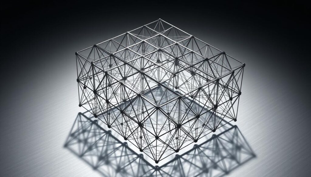 Secure Your Data with Post-Quantum Encryption 3 A complex lattice-based cryptographic algorithm unfolds in a three-dimensional space, its intricate geometric patterns casting soft shadows on a sleek, metallic surface. The arrangement of intersecting lines and planes evokes a sense of mathematical precision and technological sophistication. Subtle highlights and a muted color palette lend an air of sophistication, hinting at the robust security principles that underpin this post-quantum encryption technique. The overall composition conveys a balance between the abstract and the tangible, reflecting the delicate balance between computational complexity and practical implementation that defines the state-of-the-art in secure data protection.