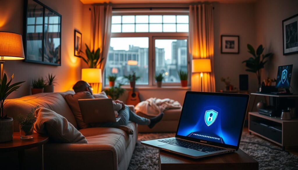 Do You Really Need a VPN for Online Security? 6 A cozy living room with a person sitting on a comfortable sofa, intently focused on a laptop while a desktop computer and gaming peripherals are visible in the background. Warm lighting from table lamps and a large window casting natural light creates a sense of ambiance. The room is adorned with potted plants, framed artwork, and a plush rug, conveying a modern, inviting atmosphere. A glowing VPN connection icon is subtly displayed on the laptop screen, hinting at the secure online experience being enjoyed.