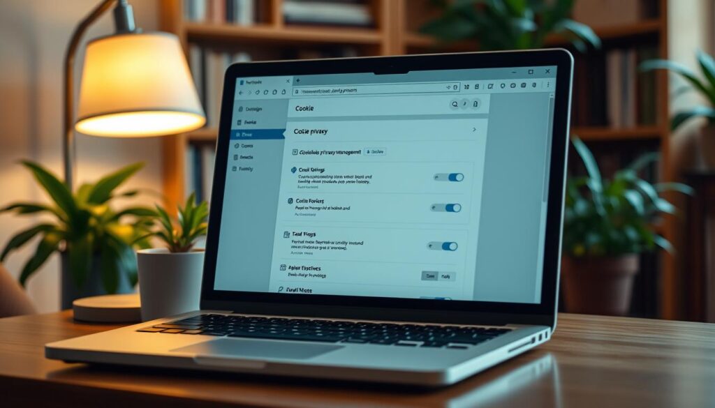A cozy study interior, with a laptop screen displaying a web browser window showcasing a cookie management interface. Soft, diffused lighting from a nearby desk lamp casts a warm glow, highlighting the laptop's sleek design. In the background, bookshelves and plants create a sense of tranquility, reflecting the thoughtful process of managing online privacy. The laptop screen features clear controls and options for adjusting cookie settings, with icons and user-friendly layouts guiding the viewer through the privacy management experience. The overall scene conveys a balanced, informative atmosphere, encouraging the viewer to take control of their digital footprint.