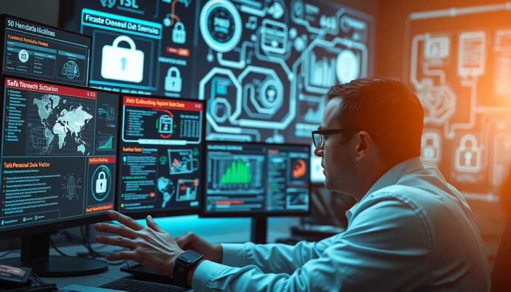 A crisp, high-resolution image depicting a cybersecurity expert meticulously analyzing complex data breach scenarios on multiple screens, with various threat vectors and data protection measures illustrated in the background. The scene is bathed in a cool, tech-infused lighting, conveying a sense of seriousness and urgency. The expert's body language and intense focus suggest the gravity of the situation, underscoring the importance of recognizing and mitigating personal data vulnerabilities.