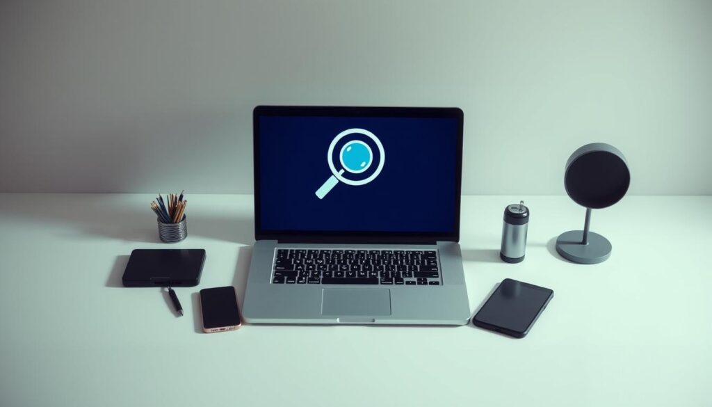 Discover How a VPN Helps Manage Your Digital Footprint 4 A crisp, minimalist desktop scene with a laptop, smartphone, and various digital devices arranged neatly. The screen of the laptop displays a magnifying glass icon, symbolizing the process of auditing one's digital footprint. Soft, directional lighting casts subtle shadows, creating a sense of depth and focus. The background is a muted, neutral tone, allowing the digital devices to take center stage. The overall atmosphere is one of thoughtful introspection and careful examination of one's online presence.