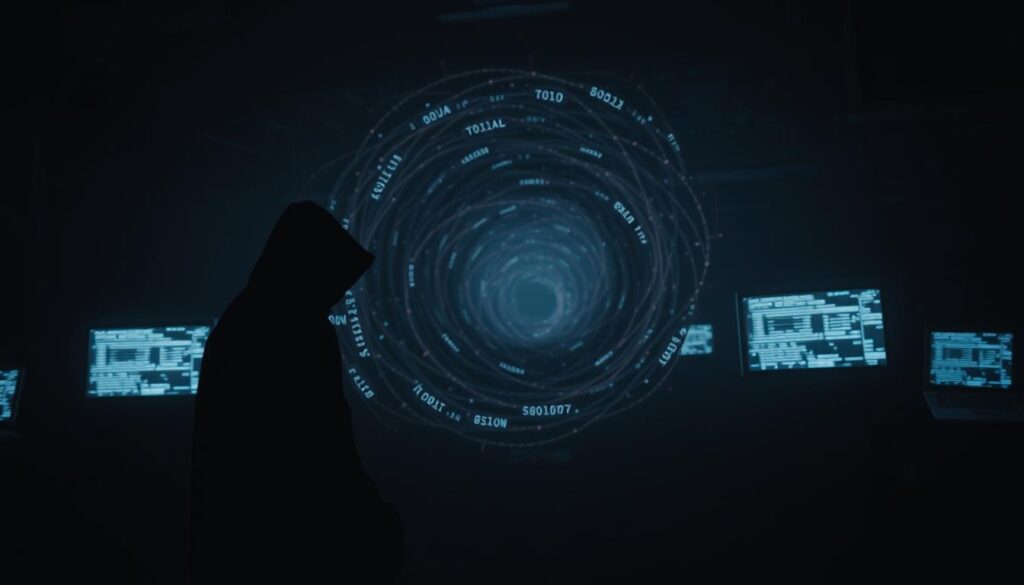 A dark and foreboding scene of online security risks. In the foreground, a shadowy figure lurks, representing the ever-present threat of hackers and cybercriminals. Swirling in the middle ground, a vortex of digital data and code symbolizes the vulnerability of personal information in the digital age. In the background, an ominous landscape of tangled wires and glowing screens conveys the vast and complex nature of the internet, where dangers can hide in plain sight. The lighting is dramatic, with harsh shadows and subdued hues, creating a sense of unease and tension. The camera angle is slightly low, adding to the feeling of looming danger. The overall atmosphere is one of unease and uncertainty, reflecting the critical importance of maintaining robust online security practices.
