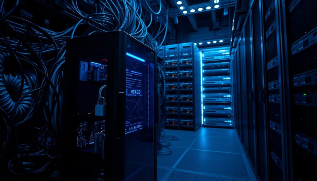 A dark and futuristic data center, bathed in an eerie blue glow. In the foreground, a sleek and imposing next-generation firewall stands tall, its intricate circuits and advanced security features visible through its transparent casing. Surrounding it, a web of interconnected cables and servers, their blinking lights creating a mesmerizing pattern. In the background, a towering rack of high-performance network switches and routers, their angular designs hinting at the power and intelligence they possess. The overall atmosphere conveys a sense of strength, sophistication, and unwavering protection, perfectly capturing the essence of "Next-Generation Firewalls and Intrusion Prevention". A dark and futuristic data center, bathed in an eerie blue glow. In the foreground, a sleek and imposing next-generation firewall stands tall, its intricate circuits and advanced security features visible through its transparent casing. Surrounding it, a web of interconnected cables and servers, their blinking lights creating a mesmerizing pattern. In the background, a towering rack of high-performance network switches and routers, their angular designs hinting at the power and intelligence they possess. The overall atmosphere conveys a sense of strength, sophistication, and unwavering protection, perfectly capturing the essence of "Next-Generation Firewalls and Intrusion Prevention".