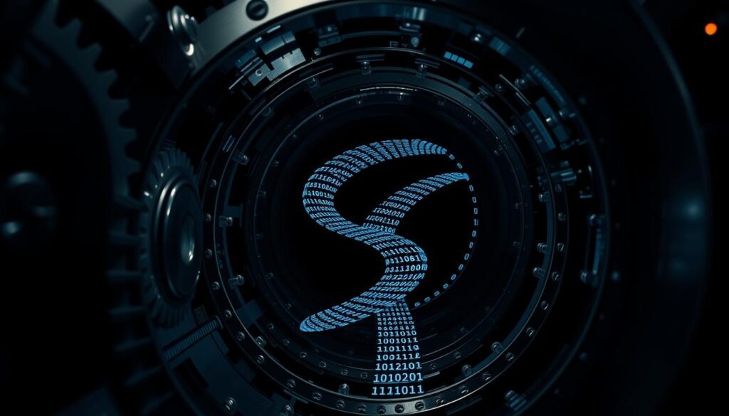 A dark and metallic VPN tunnel, its intricate inner workings revealed. In the foreground, a series of interlocking gears and cogs, their teeth glinting with precision. Winding through the center, a stream of binary code, cascading in a mesmerizing flow. The background is shrouded in shadows, with subtle highlights illuminating the encrypted data packets traversing the secure passageway. The scene conveys a sense of power, complexity, and the advanced cryptography that safeguards sensitive information during VPN transmissions.