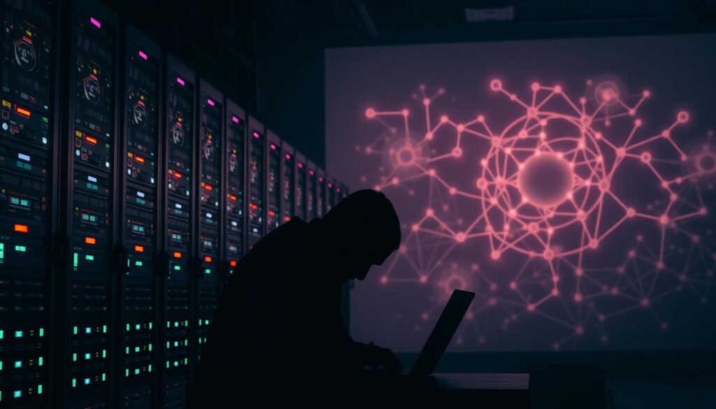 A dark, dimly-lit data center with rows of towering server racks, blinking lights, and a sense of ominous surveillance. In the foreground, a shadowy figure hunched over a laptop, sifting through streams of data, representing the ISP's covert monitoring of user internet activity. The background is a hazy, abstract representation of the internet, with tangled cables and sinister-looking network diagrams, symbolizing the intricate web of data collection and surveillance. The overall atmosphere conveys a sense of unease, highlighting the privacy concerns surrounding ISP data collection practices.