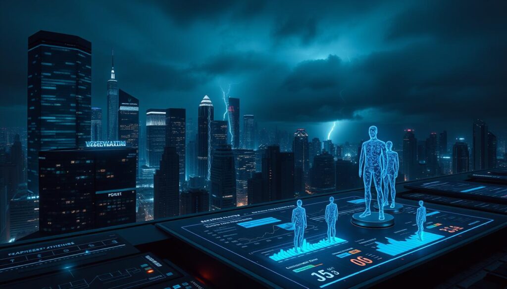 Secure Browsing: Safeguard Your Digital Life 4 A dark, ominous cityscape at night, with towering skyscrapers and a network of glowing cybersecurity systems protecting the digital infrastructure. In the foreground, a sleek, futuristic security console displays real-time threat analytics, with streamlined user interfaces and vibrant data visualizations. Holographic security agents monitor the system, their figures cast in an eerie blue light. In the background, a storm gathers, symbolizing the constant threat of online attacks. The scene conveys a sense of vigilance, power, and the high-stakes battle against web-based vulnerabilities.