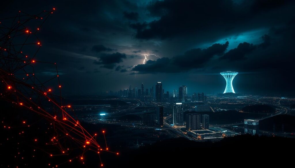 Unlock Secure Internet Browsing: Protect Your Privacy 1 A dark, ominous landscape of the online threat environment. In the foreground, a tangled web of digital connections representing the complex web of cybersecurity risks - hackers, malware, phishing scams, and data breaches. The middle ground depicts a cityscape of digital infrastructure, servers, and networks under siege, illuminated by an eerie, neon-tinged glow. In the background, an ominous sky filled with ominous clouds and a looming digital storm, symbolizing the ever-evolving and unpredictable nature of online threats. Lighting is dramatic, with high-contrast shadows and highlights to convey a sense of danger and urgency. The overall mood is one of unease and the need for heightened vigilance in the face of the online threat landscape.