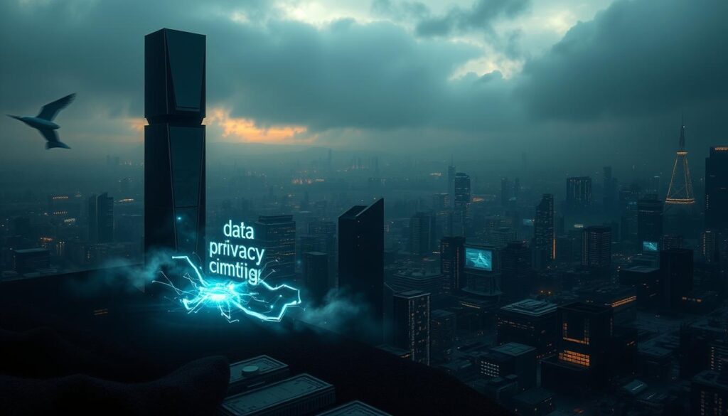 A dark, ominous tech-inspired landscape, with a stark contrast between the sleek, imposing presence of data security and the fragile, ethereal nature of data privacy. In the foreground, a towering firewall or security protocols rendered in cold, metallic hues, casting a long shadow over a delicate, wisp-like representation of personal information, shrouded in a hazy, translucent veil. The middle ground features a subtle interplay of digital elements, binary codes, and abstract data visualizations, hinting at the complex interplay between these two concepts. The background is a moody, atmospheric backdrop of futuristic cityscapes, scattered with glowing windows, server racks, and a sense of technological dominance, creating a sense of unease and the constant tension between data privacy and security. A dark, ominous tech-inspired landscape, with a stark contrast between the sleek, imposing presence of data security and the fragile, ethereal nature of data privacy. In the foreground, a towering firewall or security protocols rendered in cold, metallic hues, casting a long shadow over a delicate, wisp-like representation of personal information, shrouded in a hazy, translucent veil. The middle ground features a subtle interplay of digital elements, binary codes, and abstract data visualizations, hinting at the complex interplay between these two concepts. The background is a moody, atmospheric backdrop of futuristic cityscapes, scattered with glowing windows, server racks, and a sense of technological dominance, creating a sense of unease and the constant tension between data privacy and security.