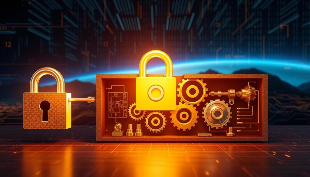 Mastering Encryption: Safeguard Your Online Privacy 4 A detailed, cross-sectional diagram showcasing the symmetric encryption process. In the foreground, a pair of lock icons represent the shared secret key, casting a warm, golden glow. In the middle ground, a series of interlocking gears and cogs illustrate the encryption and decryption algorithms, their movements precisely synchronized. The background depicts a technological landscape, with lines of binary code and circuit patterns forming a visually striking, futuristic backdrop. The overall composition conveys a sense of security, efficiency, and the mathematical elegance of symmetric cryptography.