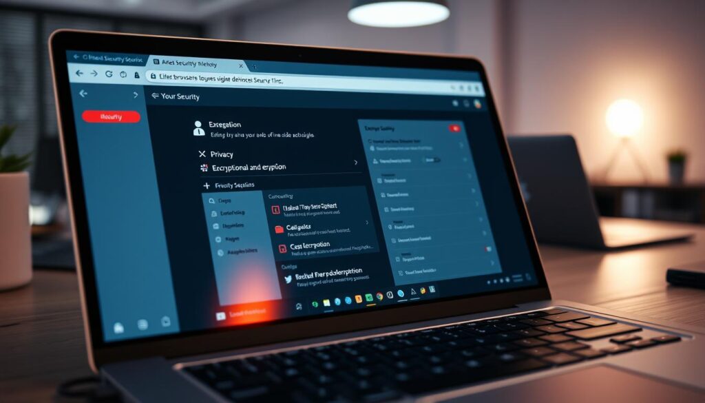 Unlock Secure Internet Browsing: Protect Your Privacy 3 A detailed cybersecurity-themed scene with an array of browser security tools and settings. In the foreground, a sleek laptop screen displays various security controls and toggles. In the middle ground, an enlarged browser window showcases detailed privacy and encryption options. In the background, a minimalist workspace with ambient lighting, creating a professional, tech-savvy atmosphere. The overall composition conveys a sense of digital security and privacy protection for the modern online user.