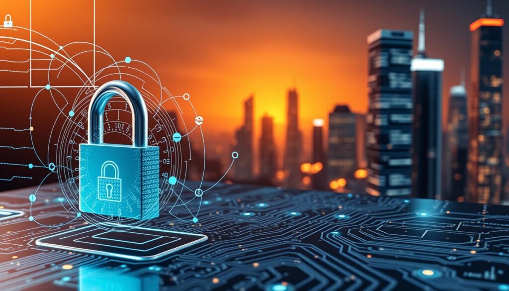 Mastering Encryption: Safeguard Your Online Privacy 1 A detailed data encryption process visualization, showcasing the complex interplay of algorithms, keys, and data flow. The foreground displays a secure digital lock icon, surrounded by swirling lines of code, binary data, and cryptographic symbols. The middle ground features a 3D model of a circuit board, with pulsing nodes and interconnected pathways, representing the computational mechanics of encryption. In the background, a sleek, futuristic cityscape with skyscrapers and glowing neon-lit windows, evoking a sense of technological sophistication and the importance of digital privacy. The scene is illuminated by a warm, directional light, casting dramatic shadows and highlights, emphasizing the gravity and precision of the encryption process.