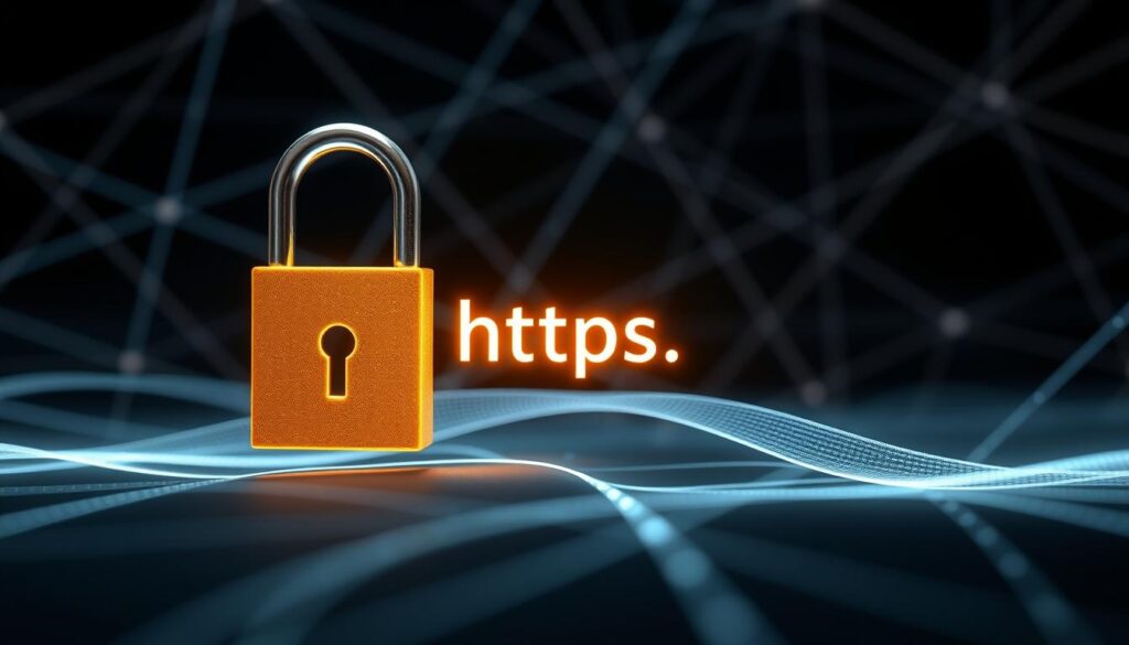 A detailed, high-resolution image of a secure HTTPS connection. In the foreground, a stylized padlock icon with a glowing, golden hue, representing the encryption of data. In the middle ground, a series of digital data packets flowing through a secure, encrypted channel, visualized as smooth, undulating lines of light. The background is a sleek, modern backdrop of intersecting lines and geometric shapes, suggestive of a complex, web-like network infrastructure. The overall lighting is soft and diffuse, creating a sense of depth and emphasizing the digital, technological nature of the scene. The composition is balanced and visually striking, conveying the idea of online security and privacy.