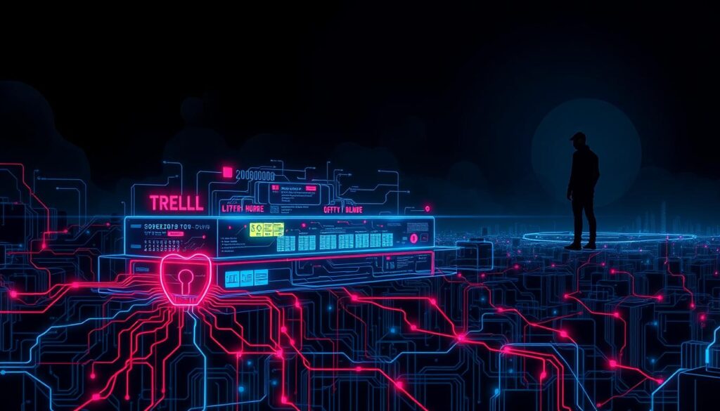Do You Really Need a VPN for Online Security? 5 A detailed illustration depicting the various layers of cybersecurity, set against a dark, ominous backdrop. In the foreground, a complex web of digital circuits and data streams intertwine, representing the interconnected nature of modern systems. The middle ground features a series of protective barriers, including firewalls, encryption protocols, and intrusion detection systems, all glowing with a vibrant, neon-like energy. In the distant background, a looming silhouette of a cyber threat, its menacing presence casting long shadows across the scene. The overall composition conveys a sense of the multi-layered, constantly evolving nature of cybersecurity, emphasizing the need for a comprehensive, strategic approach to safeguarding digital assets.