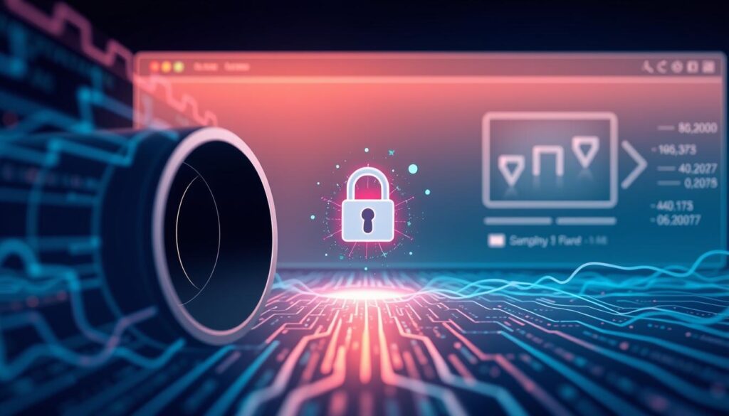 A detailed illustration of the VPN encryption process. In the foreground, a secure digital tunnel surrounded by flowing data streams, representing the encrypted communication. In the middle ground, a lock icon symbolizing the encryption mechanism, with particles swirling around it. In the background, a sleek, minimalist interface showcasing the VPN's functionality, bathed in a soft, cool-toned lighting. The scene conveys a sense of privacy, security, and technological sophistication, perfectly capturing the essence of "Introduction to VPN Safety".