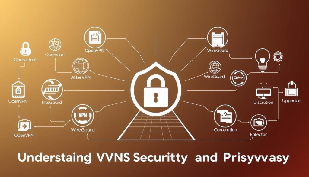 A detailed schematic diagram of VPN encryption protocols, with a sleek, modern aesthetic. The foreground depicts various VPN protocol icons and symbols, such as OpenVPN, IPsec, and WireGuard, intricately woven together to form a secure data transmission network. The middle ground showcases a virtual tunnel-like structure, representing the encrypted communication channel. The background features a subtle gradient, conveying a sense of technological sophistication and data protection. The overall composition is illuminated by a warm, soft lighting, creating a calming and trustworthy atmosphere, suitable for the "Understanding VPN Security and Privacy" section.