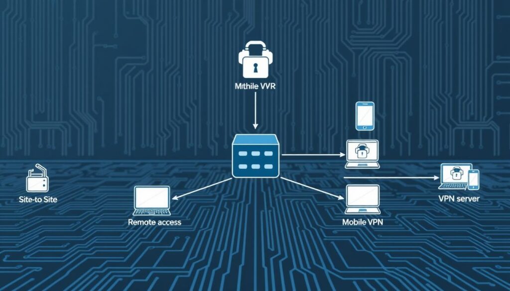 A detailed schematic diagram showcasing the various types of VPN connections. In the foreground, a central node or gateway representing the VPN server, surrounded by clients connected through different VPN protocols and topologies. In the middle ground, distinct icons or illustrations depicting common VPN connection types, such as site-to-site, remote access, and mobile VPN. In the background, a neutral, technical-looking environment with a subtle grid or circuit board pattern, conveying the underlying network infrastructure. Crisp, technical illustrations with a muted color palette, utilizing shades of blue, gray, and black to portray the secure, professional nature of VPN technology. The image should strike a balance between clarity, technical accuracy, and visual appeal to effectively illustrate the "Types of VPN Connections" for the given article.