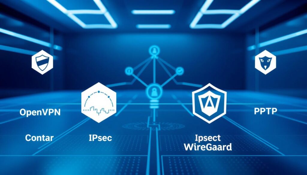 A detailed, technical comparison of popular VPN protocols, depicted with precision and clarity. The foreground showcases the protocols - OpenVPN, IPsec, WireGuard, and PPTP - each represented by a distinct geometric shape. The middle ground features a sleek, futuristic network topology, with data flows and connections between the protocols. The background suggests a serene, minimalist environment, bathed in cool, azure hues, evoking the secure and reliable nature of virtual private networks. The overall composition conveys a sense of order, depth, and technological sophistication, suitable for illustrating the "Deep Dive into VPN Protocols and Their Benefits" section.