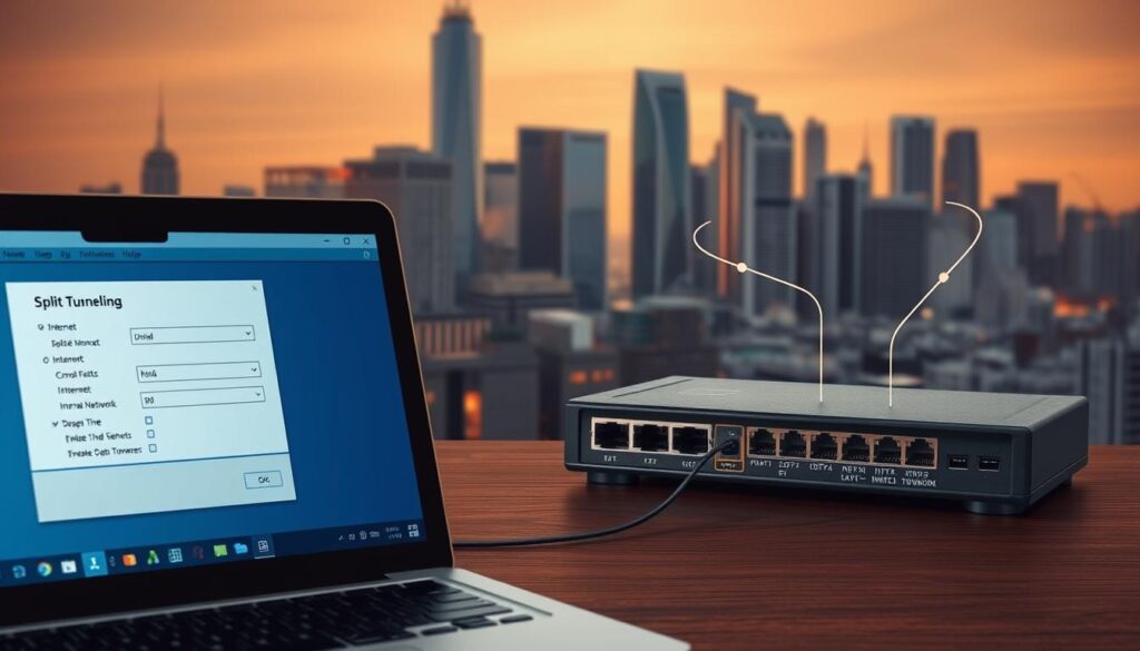 Do You Really Need a VPN for Online Security? 7 A detailed technical diagram of a VPN split tunneling configuration. In the foreground, a laptop computer with a VPN client interface, displaying split tunneling options. In the middle ground, a network router with labeled ports for internet and internal network connections. In the background, a cityscape with tall skyscrapers, representing the remote VPN server. The scene is illuminated by a warm, muted lighting, creating a sense of technical sophistication. The overall composition emphasizes the complex network topology and the user's ability to selectively route traffic through the VPN, reflecting the technical setup and performance considerations of this security feature.