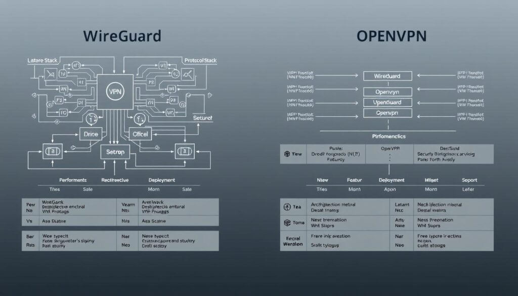A detailed technical diagram showcasing the architectural differences between the WireGuard and OpenVPN VPN protocols. The foreground features elegant circuit diagrams and protocol stack visualizations, highlighting the distinct design philosophies and key characteristics of each. The middle ground presents side-by-side comparisons of performance metrics, security features, and deployment considerations. The background evokes a minimalist, futuristic aesthetic with clean lines, geometric shapes, and muted color tones that complement the technical subject matter. The overall composition strikes a balance between analytical precision and visual appeal, guiding the viewer through the nuances of these two influential VPN technologies.