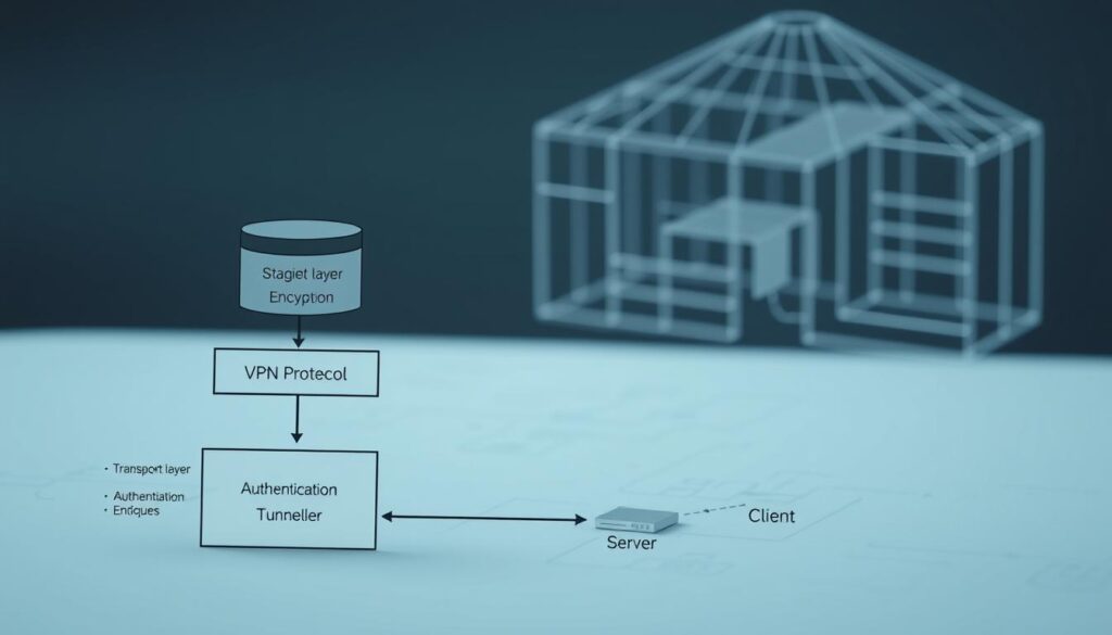 A detailed, technical illustration of the VPN protocol architecture. In the foreground, a schematic diagram depicting the key components of the VPN protocol stack, including the transport layer, encryption, authentication, and tunneling mechanisms. The middle ground showcases the network topologies and data flow between the client and server endpoints, highlighting the secure communication channel. In the background, a subtle wireframe mesh or architectural blueprint provides context and depth, conveying the conceptual underpinnings of the VPN infrastructure. The overall scene has a clean, minimalist aesthetic with muted tones and subtle lighting, emphasizing the functional and engineering-driven nature of the subject matter.