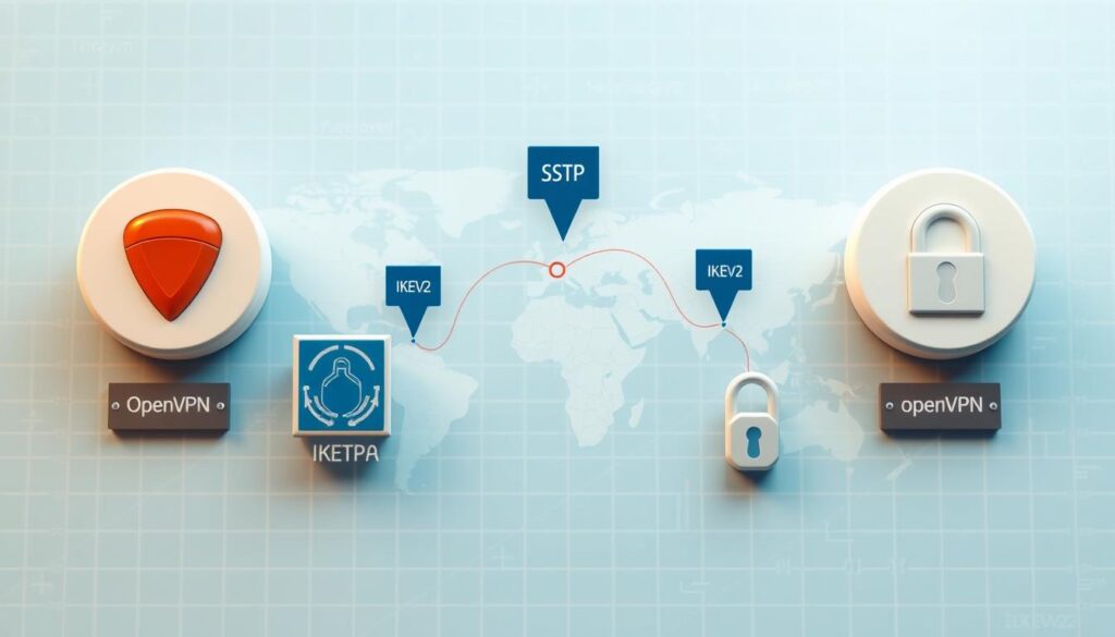 A detailed visual comparison of different VPN types, showcased in a crisp, technical illustration. In the foreground, distinct icons representing common VPN protocols like OpenVPN, SSTP, and IKEv2, each with a clear, informative label. The middle ground features a stylized world map, with secure VPN tunnels connecting various regions, highlighting the global reach and connectivity of these technologies. In the background, a subtle, architectural blueprint-inspired grid provides a sense of technical depth and structure. Soft, directional lighting casts subtle shadows, emphasizing the 3D forms and creating a sleek, professional aesthetic. The overall composition conveys a comprehensive, easy-to-understand overview of the different VPN types and their practical applications.