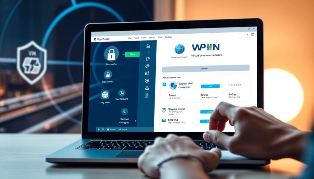 A detailed visual guide for installing and configuring a reliable virtual private network (VPN) on a desktop computer. The foreground depicts a user's hands navigating intuitive VPN client software on a sleek laptop display, showcasing the step-by-step process. The middle ground features various VPN connection status indicators, network security icons, and a stylized VPN logo. The background subtly blends a secure, encrypted internet tunnel motif with a cityscape backdrop, hinting at the broader context of online privacy protection. Soft, warm lighting illuminates the scene, creating a welcoming and informative atmosphere. The overall composition conveys a sense of empowerment and confidence in taking control of one's digital privacy.