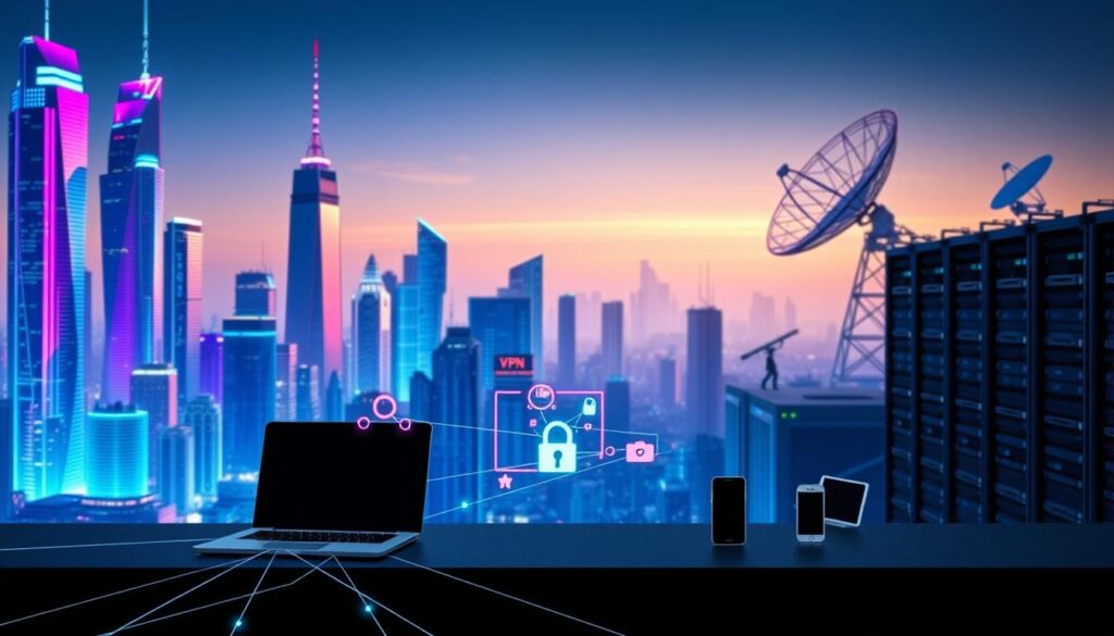 A digital cityscape with skyscrapers and futuristic architecture, glowing with shades of blue and purple. In the foreground, a network diagram unfolds, illustrating the mechanics of VPN protocols - secure tunnels, encryption, and authentication symbols. The midground features a laptop and mobile device, representing VPN clients. In the background, a vast satellite dish and server racks convey the global infrastructure powering virtual private networks. The scene is illuminated by a soft, directional light, casting long shadows and creating a sense of depth and technologic wonder.