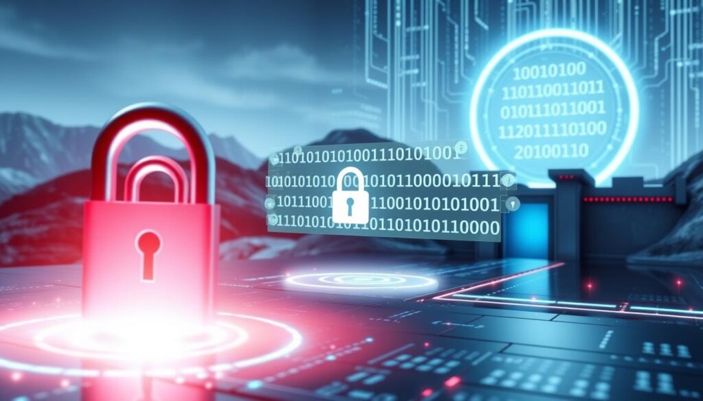 A digital fortress against data threats, with a sturdy encryption gateway guarding sensitive information. Gleaming binary code flows through secure channels, shielded by layered cryptographic protocols. In the foreground, a robust lock icon symbolizes the impenetrable safeguards, while in the middle ground, an array of encrypted data packets hover, protected by a serene, translucent forcefield. The background depicts a sleek, high-tech landscape, bathed in a cool, metallic palette, conveying a sense of technological sophistication and unwavering data security.