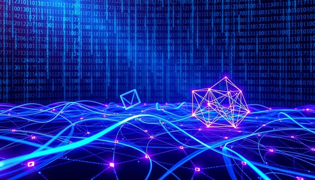 A digital landscape showcasing the intricate encryption algorithms of WireGuard and OpenVPN. In the foreground, sleek, neon-lit data streams intertwine, representing the secure VPN protocols. In the middle ground, geometric shapes and wireframe structures symbolize the underlying cryptographic algorithms, with hues of blue and purple conveying a sense of technological sophistication. The background features a backdrop of cascading binary code, casting a subtle glow across the scene, evoking the powerful computational processes at the heart of modern VPN encryption.