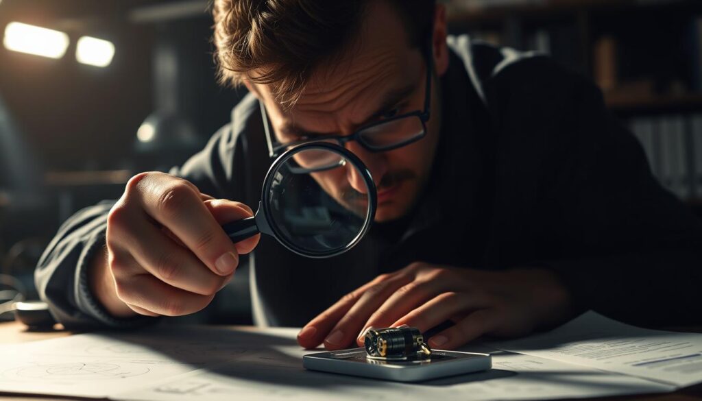 Secure Browsing: Safeguard Your Digital Life 3 A digital security expert closely examining the intricate workings of a web browser extension through a high-powered magnifying glass. The extension's components are meticulously dissected, revealing its inner mechanisms and potential vulnerabilities. The scene is set against a dimly lit, industrious backdrop, with technical diagrams and code snippets scattered across the workspace. Soft, directional lighting casts dramatic shadows, highlighting the concentration and intensity of the expert's scrutiny. The overall atmosphere conveys the importance of thoroughly understanding and securing browser extensions to safeguard digital privacy and online activities.