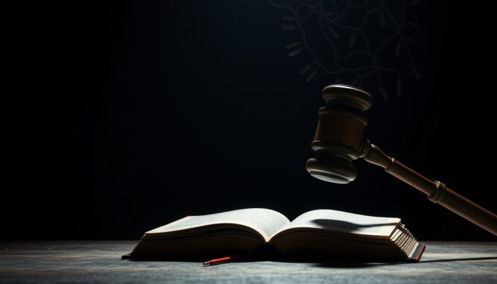 A dimly lit courtroom scene, with a large gavel looming in the foreground, casting a long, ominous shadow. In the middle ground, a tattered book representing &amp;amp;amp;amp;amp;quot;legal&amp;amp;amp;amp;amp;quot; on a table, with a digital tablet representing &amp;amp;amp;amp;amp;quot;digital&amp;amp;amp;amp;amp;quot; beside it. In the background, a tangled web of wires and circuits, symbolizing the &amp;amp;amp;amp;amp;quot;restrictions&amp;amp;amp;amp;amp;quot; imposed on the digital landscape. Soft, somber lighting creates a sense of unease, hinting at the complex challenges of balancing legal frameworks and technological advancements.