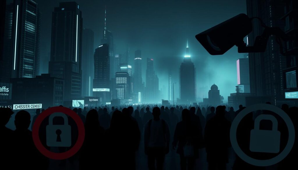 A dimly lit cyberpunk cityscape, with towering skyscrapers and neon-lit streets. In the foreground, various symbols and icons representing different forms of digital censorship: a censor's bar covering a social media post, a locked padlock over a website, a surveillance camera scanning the crowd. In the middle ground, silhouetted figures navigating through the maze of digital restrictions, their faces obscured by the ever-present threat of monitoring. The background is hazy, with a sense of unease and unrest, as if the entire city is under the watchful eye of an authoritarian regime. The lighting is dramatic, with harsh shadows and muted tones, creating a sense of oppression and control. The overall atmosphere is one of a dystopian future, where the freedoms of the digital age have been eroded by the relentless march of technological censorship.