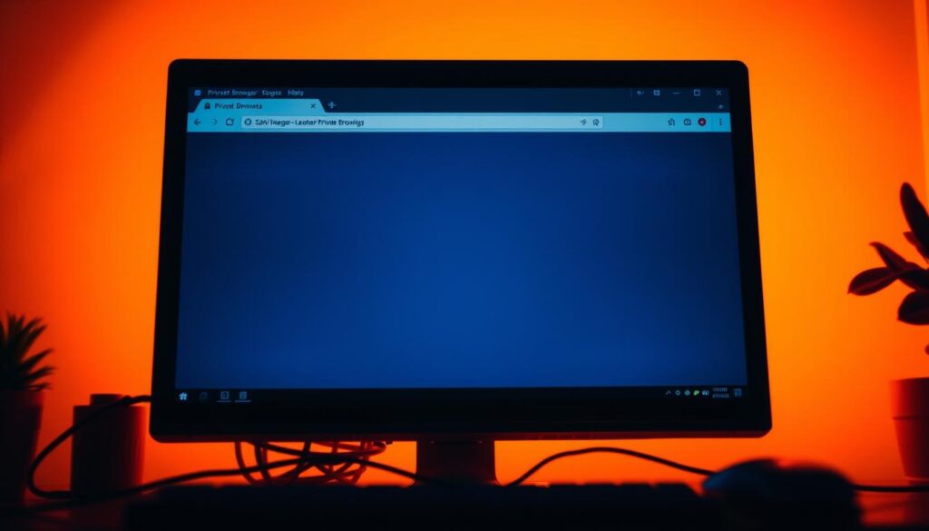 A dimly lit desktop computer screen, the browser window in focus, displaying a serene interface with a minimalist design and a discreet "Private Browsing" icon in the corner. The scene is bathed in a warm, amber glow, creating a cozy and introspective atmosphere. The background is softly blurred, allowing the screen to be the central point of attention. The camera angle is slightly elevated, giving a sense of privacy and protection. The overall composition conveys the idea of a secure, confidential browsing experience, suitable for the article's section on the benefits and practical uses of private browsing. A dimly lit desktop computer screen, the browser window in focus, displaying a serene interface with a minimalist design and a discreet "Private Browsing" icon in the corner. The scene is bathed in a warm, amber glow, creating a cozy and introspective atmosphere. The background is softly blurred, allowing the screen to be the central point of attention. The camera angle is slightly elevated, giving a sense of privacy and protection. The overall composition conveys the idea of a secure, confidential browsing experience, suitable for the article's section on the benefits and practical uses of private browsing.