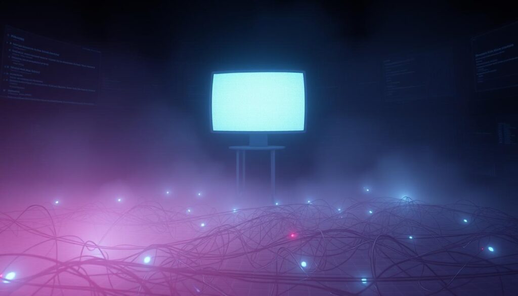 A dimly lit digital landscape, with a towering structure resembling a monitor or screen in the center. The structure casts an ominous shadow, symbolizing the controlling power of online censorship. In the foreground, a maze of tangled cables and networks envelops the scene, hinting at the complex web of technological infrastructure that enables internet censorship. The background is shrouded in a haze of digital noise, conveying the sense of a dystopian, heavily regulated online environment. The overall mood is one of unease and the feeling of being constantly watched, reflecting the challenges and implications of internet censorship.