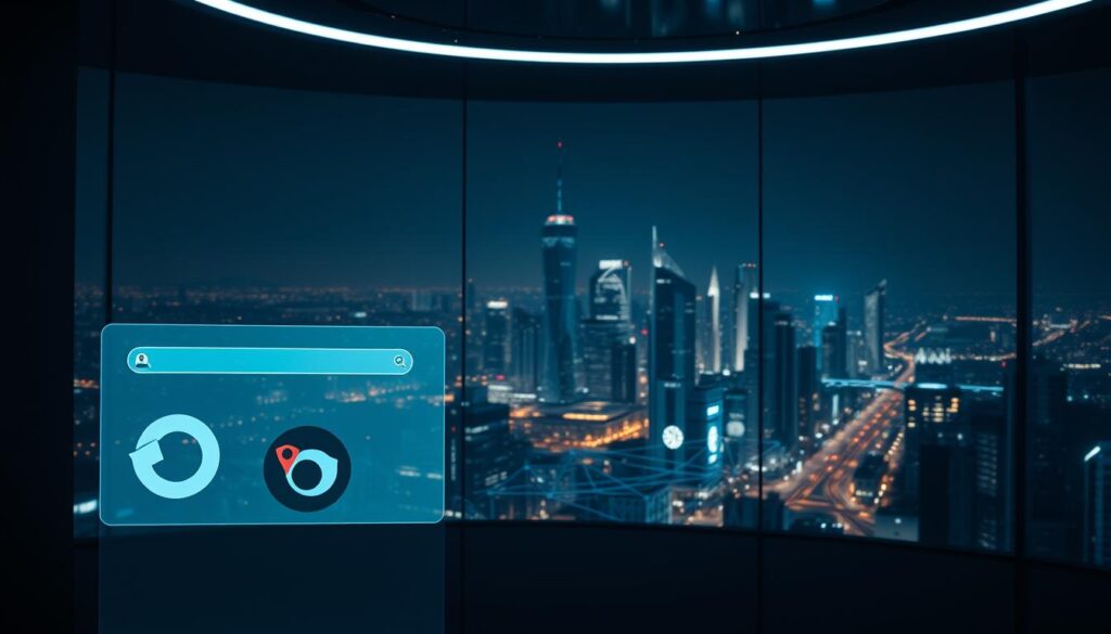 A dimly lit, futuristic interior showcases various digital security elements. In the foreground, sleek and minimalist web browsers and search engine icons command attention, their interfaces shielded by a translucent, holographic barrier. In the middle ground, a network of interconnected nodes and data streams ebbs and flows, hinting at the complex infrastructure supporting these secure digital tools. The background features a panoramic view of a nighttime cityscape, its towering skyscrapers and neon-lit streets symbolizing the modern, fast-paced online environment that these privacy-focused applications aim to navigate safely. Soft, ambient lighting casts a serene, contemplative mood, underscoring the importance of responsible digital practices in the contemporary world. A dimly lit, futuristic interior showcases various digital security elements. In the foreground, sleek and minimalist web browsers and search engine icons command attention, their interfaces shielded by a translucent, holographic barrier. In the middle ground, a network of interconnected nodes and data streams ebbs and flows, hinting at the complex infrastructure supporting these secure digital tools. The background features a panoramic view of a nighttime cityscape, its towering skyscrapers and neon-lit streets symbolizing the modern, fast-paced online environment that these privacy-focused applications aim to navigate safely. Soft, ambient lighting casts a serene, contemplative mood, underscoring the importance of responsible digital practices in the contemporary world.