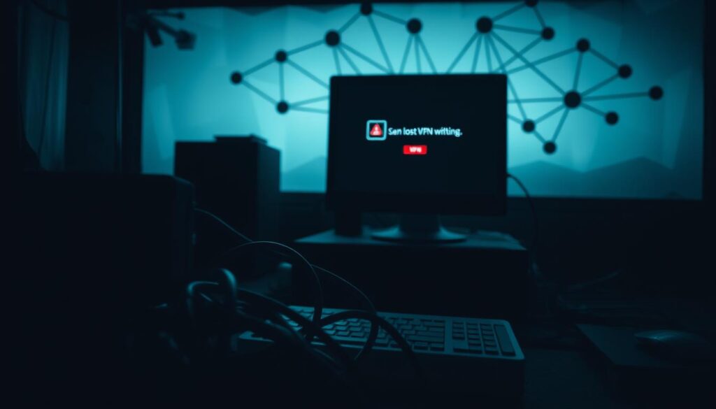 A dimly lit, gritty scene depicting the common causes of VPN disconnections. In the foreground, a tangled mess of ethernet cables and a flickering router, suggesting unstable internet connectivity. The middle ground features a desktop computer, its screen displaying an error message about a lost VPN connection. In the background, a shadowy network diagram with disconnected nodes, hinting at routing issues or server problems. The overall atmosphere is one of frustration and technical complexity, with a sense of the user's internet experience being disrupted by unpredictable VPN failures.