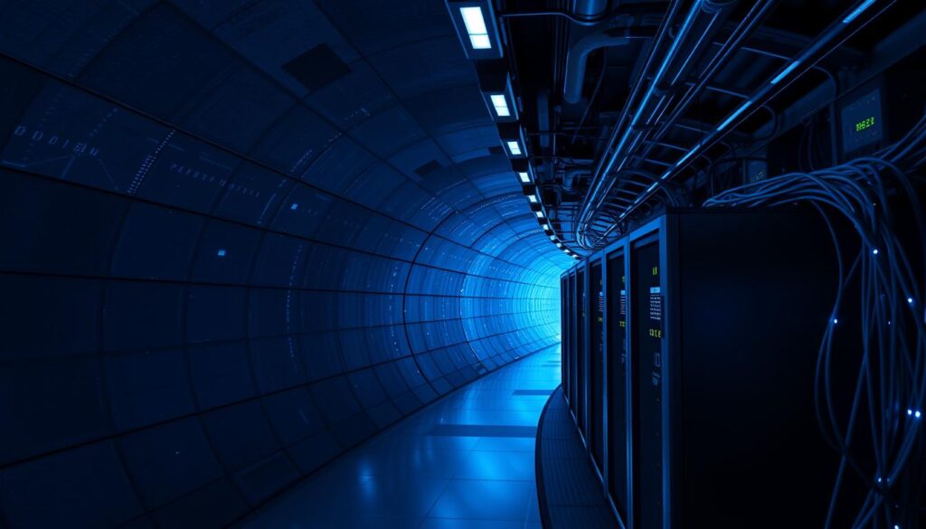 A dimly lit, high-tech underground tunnel with glowing, encrypted data streams flowing through the walls. The tunnel is illuminated by a cool, blue-tinted lighting, creating an atmosphere of mystery and security. In the foreground, a series of sleek, futuristic servers and network equipment are visible, their blinking lights and displays reflecting off the smooth, metallic surfaces. The background features a complex array of cables, conduits, and intricate circuitry, hinting at the advanced technology powering the secure VPN connection. The overall scene conveys a sense of advanced, state-of-the-art encryption and data protection.