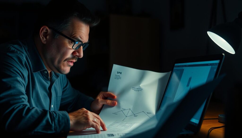 A dimly lit home office, the glow of a laptop screen casting shadows across the desk. An anxious IT professional examines a network diagram, troubleshooting the VPN connection that has suddenly dropped. The scene is tense, with a sense of urgency conveyed through the furrowed brow and intense focus of the subject. Dramatic lighting from a single source illuminates the problem-solving process, casting dramatic shadows and highlights across the technical details. The mood is one of concern and determination, as the individual seeks to quickly diagnose and resolve the VPN disconnection issue.
