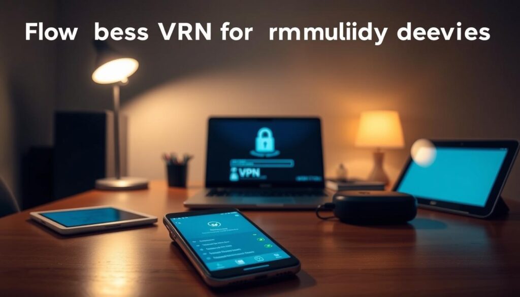 A dimly lit home office with multiple devices strategically placed on a sleek wooden desk. In the foreground, a smartphone with security settings displayed, hinting at privacy features. In the middle ground, a laptop with a VPN connection indicator, emphasizing secure internet access. In the background, a tablet and a desktop computer, all connected, conveying the need for comprehensive device protection. Soft, warm lighting creates an atmosphere of trust and reliability, while clean lines and muted tones suggest professionalism and efficiency. The scene captures the essence of finding the best VPN for multiple devices, ready to safeguard digital privacy.
