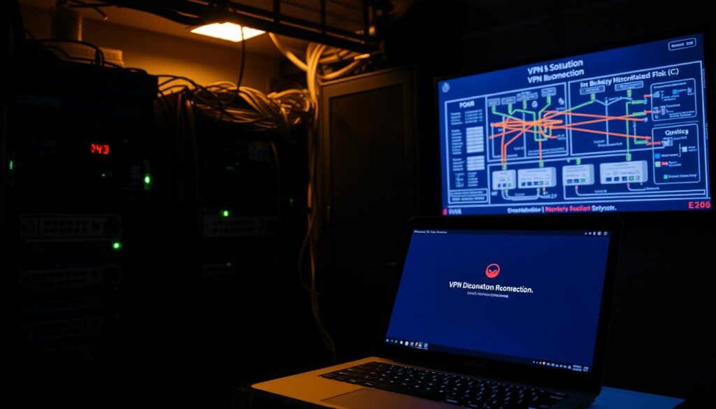 A dimly lit network server room, the air thick with a sense of unease. In the foreground, a laptop screen displays a VPN connection error, its ominous red icon flashing. The middle ground features various networking devices - routers, switches, and modems - their tangled cables and blinking lights hinting at the complexity of the problem. In the background, a wall-mounted monitor shows a detailed network diagram, offering potential solutions to the VPN disconnection issue. Soft, warm lighting casts shadows, creating a sense of depth and drama, while the overall tone conveys the user's frustration and the need for a reliable fix.