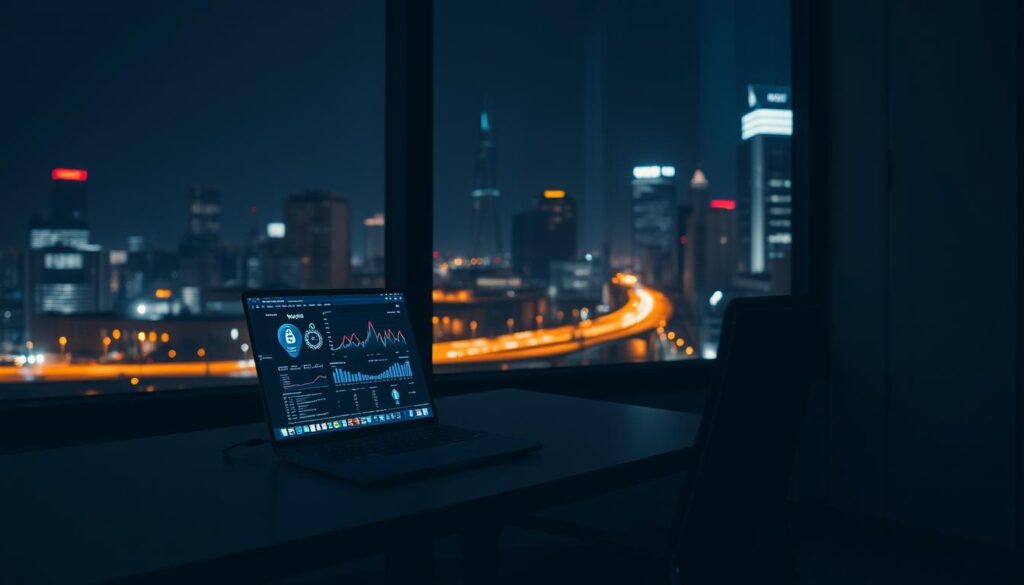 A dimly lit office interior, with a sleek, modern desk and chair. On the desk, a laptop displays a VPN connection screen, its data visualizations and graphs pulsing with activity. In the background, a large window offers a view of a cityscape, streetlights and skyscrapers glowing in the night. Soft, warm lighting casts shadows across the scene, creating a sense of depth and atmosphere. The overall mood is one of security, technology, and the invisible flow of digital information.