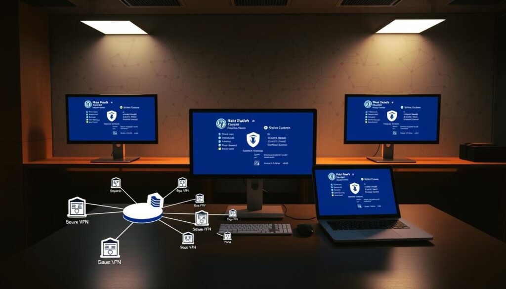 A dimly lit office interior, with multiple computer screens displaying various VPN connection statuses. In the foreground, a stylized network diagram depicting secure, simultaneous VPN connections to different devices and locations, represented by distinctive icon sets. The middle ground showcases a sleek, modern desktop setup, with a smartphone, tablet, and laptop all connected through the VPN. The background features a subtle, abstract technology-inspired wallpaper, conveying a sense of interconnectivity and data protection. Crisp, high-resolution rendering with warm, muted tones and dramatic lighting to emphasize the secure, professional atmosphere.