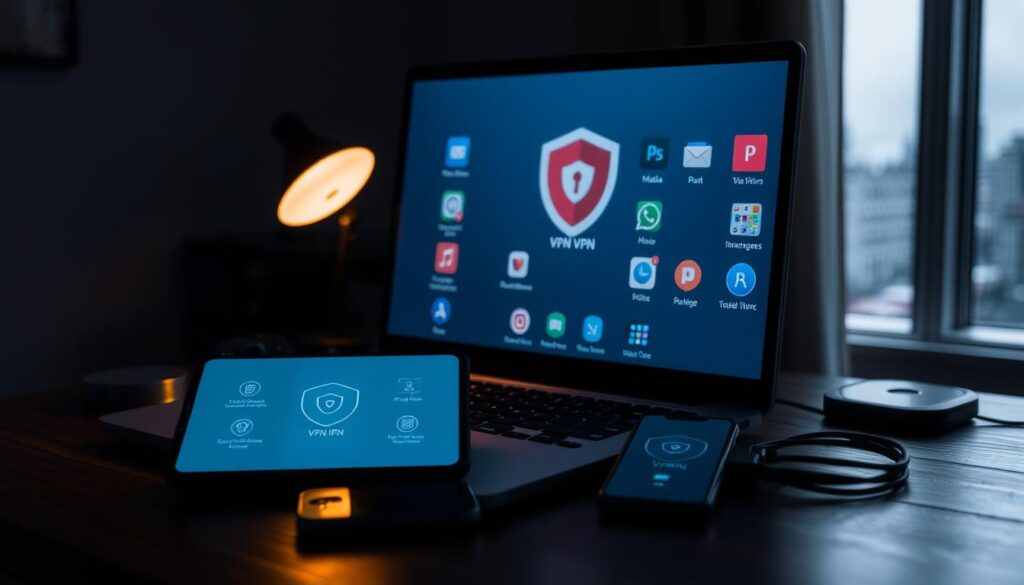 A dimly lit office setting with a laptop and smartphone on a wooden desk, surrounded by various VPN-related icons and applications displayed on the screen. The desktop features a clean, minimalist design, with subtle lighting from a desk lamp casting a warm glow across the scene. The background is slightly blurred, but hints at a serene cityscape visible through a window, emphasizing the sense of privacy and security offered by the VPN technology. The overall mood is one of professionalism, efficiency, and a focus on digital privacy.