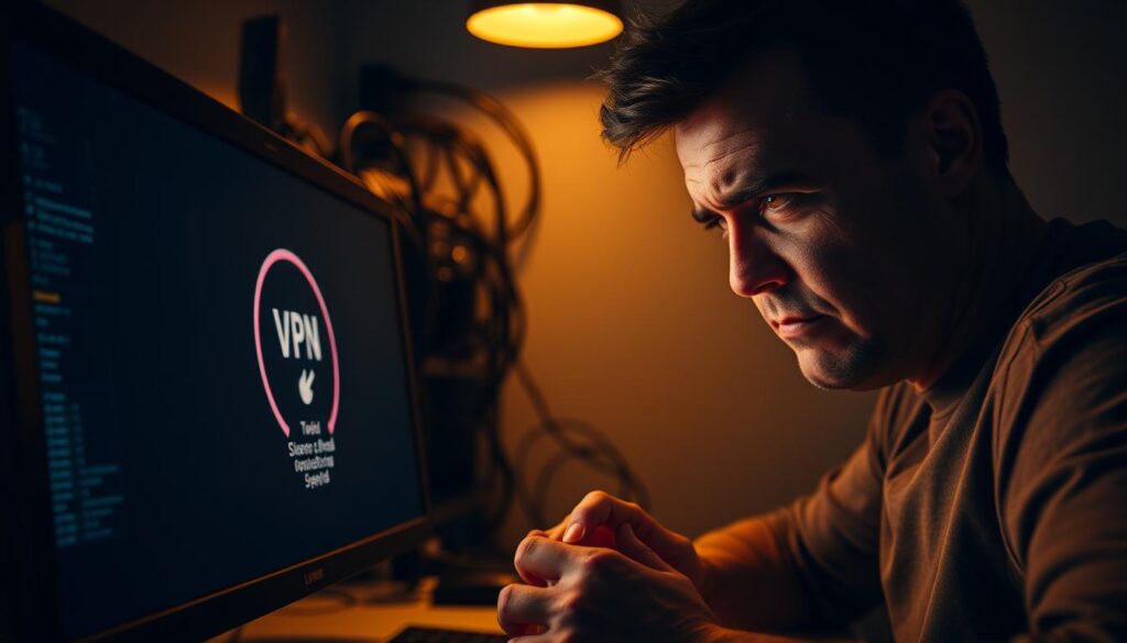 Do You Really Need a VPN for Online Security? 3 A dimly lit room, the glow of a computer screen casting shadows across the frustrated face of a VPN user. The connection icon blinks erratically, signaling a slow, unreliable VPN speed. In the background, a tangle of cables and network hardware, symbolizing the complex infrastructure that can often hinder VPN performance. The user's brow is furrowed, fingers tapping impatiently on the desk, emphasizing the user's growing annoyance with the VPN's limitations. Soft, warm lighting illuminates the scene, creating a sense of tension and unease. A wide-angle lens captures the full scope of the user's experience, highlighting the challenges and disappointments that can arise when relying on a VPN for online security and privacy.