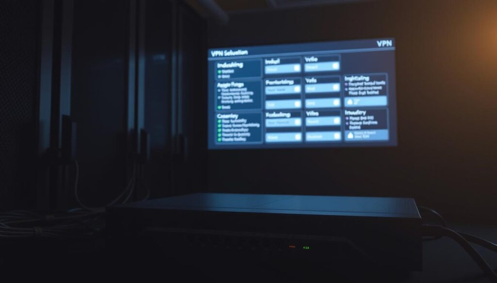 A dimly lit server room, with a sleek, modern VPN router in the foreground. Cables and network switches in the middle ground, casting shadows and creating a sense of depth. In the background, a wall-mounted display showcases various VPN configuration screens, highlighting industry-specific settings and options. The lighting is moody, with a warm glow emanating from the router, creating an atmosphere of security and professionalism. The overall composition conveys the importance of tailored VPN solutions for different industries, emphasizing the technical expertise required to set up and maintain these specialized configurations.